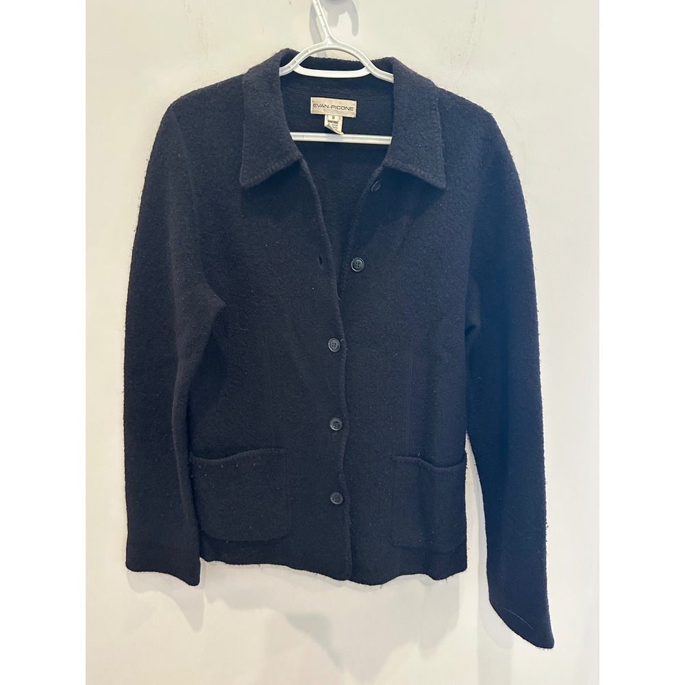 Evan-Picone Black 100% Wool Button Cardigan Sweater Jacket Small Vintage